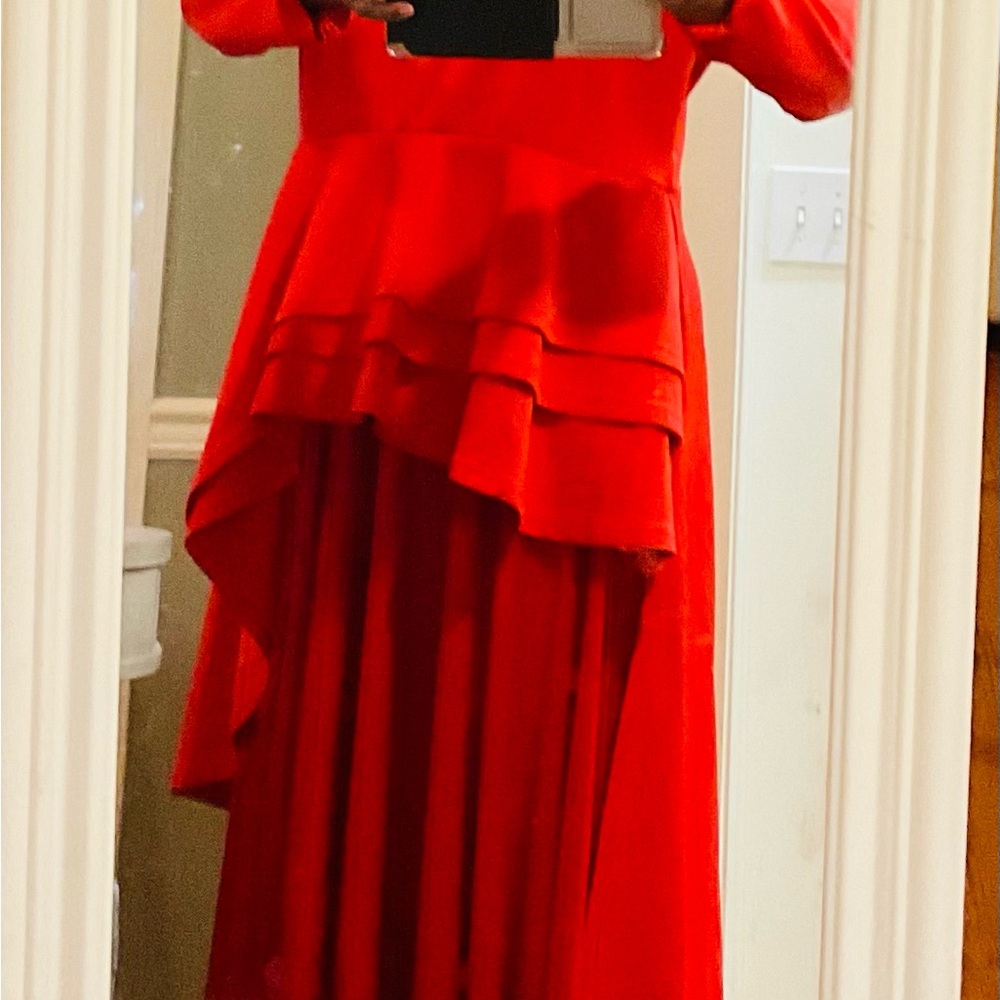 ♥️♥️♥️Beautiful Red Gathered Ruffled Waist Blouse With Tuxedo Style Tail - Picture 2 of 15